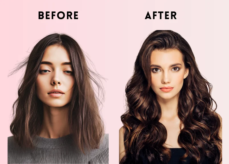 Hair before and after the use of volume shampoo