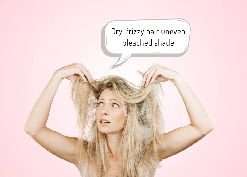 Dry, uneven bleached hair-effect of bleaching and dry shampoo.