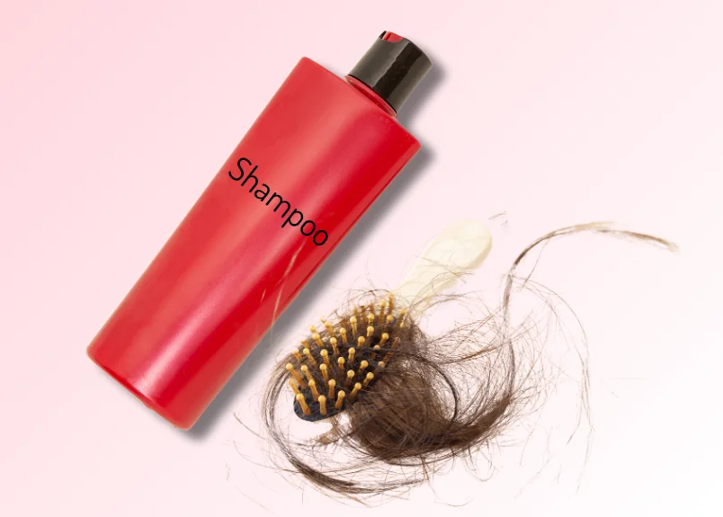 Shampoo bottle with torrn hair stuck hair brush