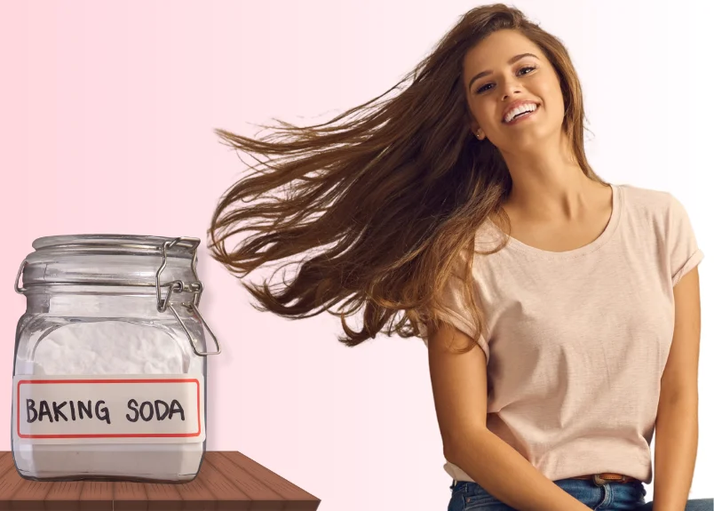 Woman flaunting her hair with dry shampoo showcasing a baking soda jar on the table