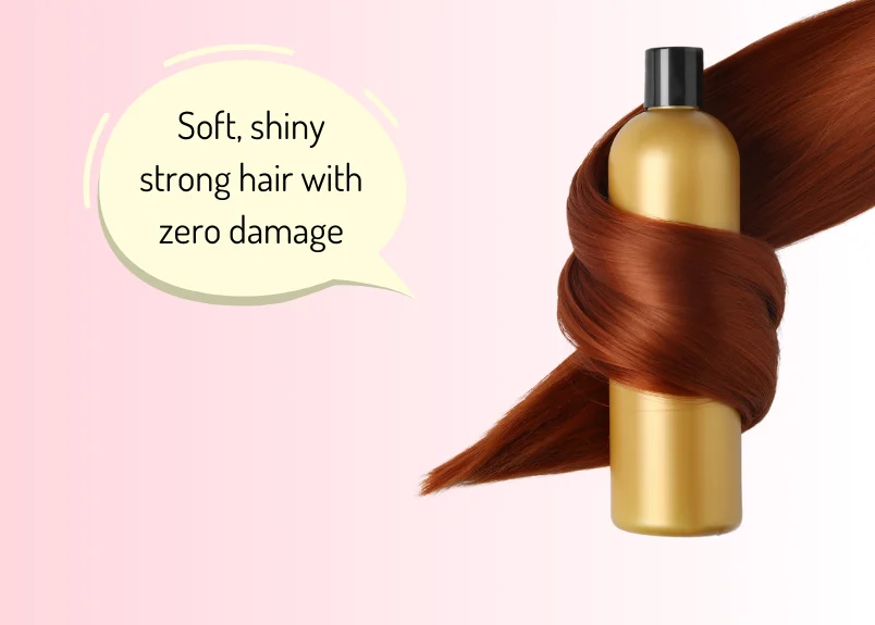 Soft, shiny strong hair embracing a paraben-free a shampoo bottle