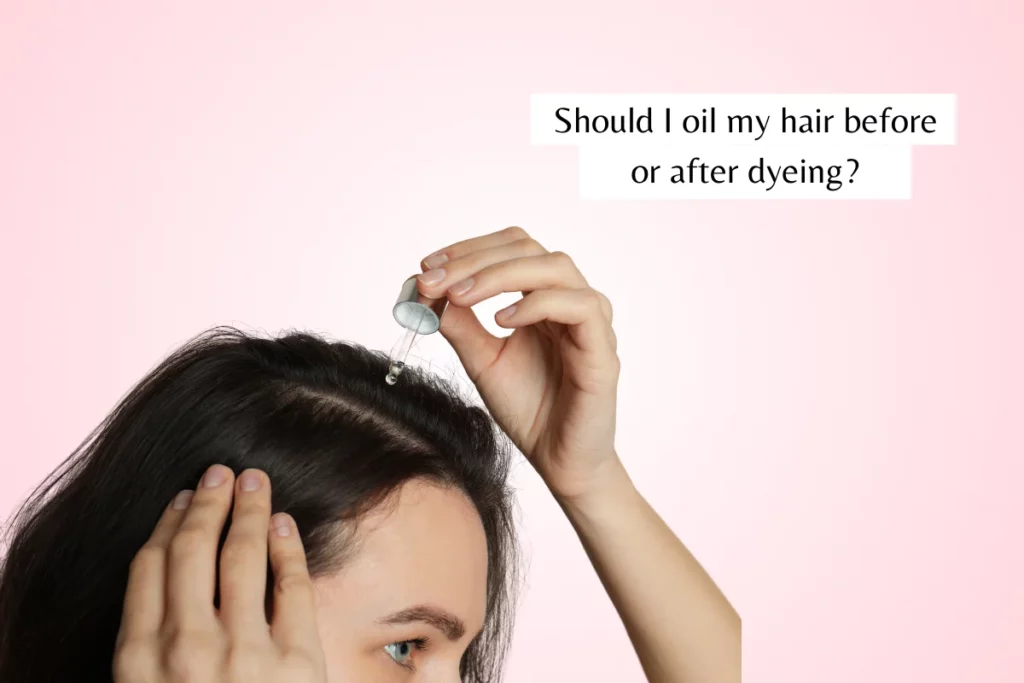 Woman putting oil in her depicting "Should I oil my hair before or after dyeing?"