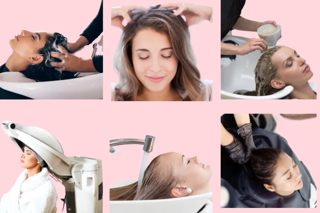 6 step of hair spa treatment- cleansing, massage, hair mask,  steamimg, rinsing and conditioning