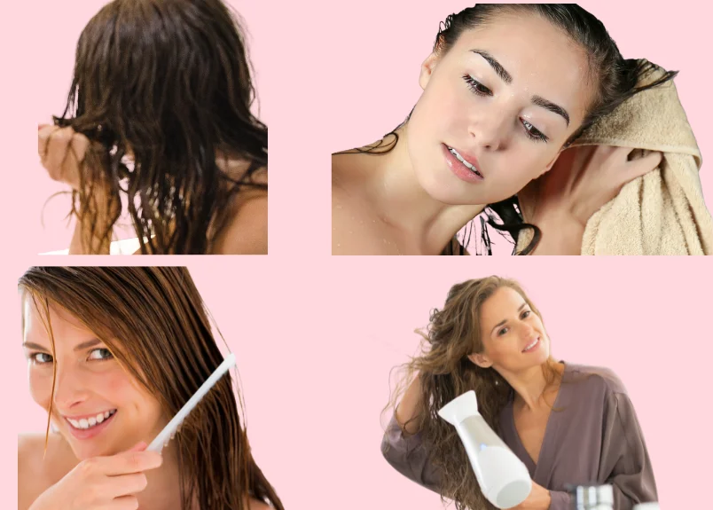 Wet hair, wipe hair  with towel, comb wet hair and dry with diffuser