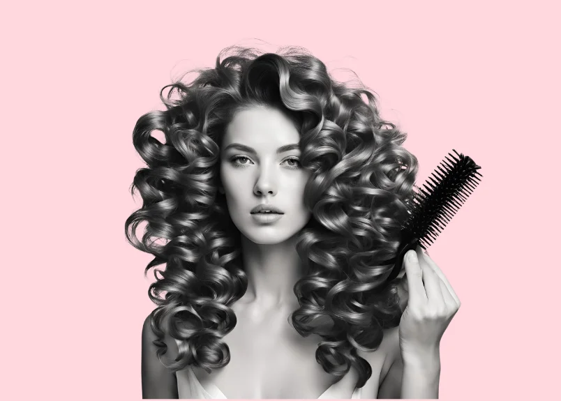 Woman with curly hair holding a round brush