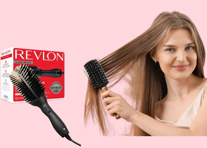 Revlon hair dryer brush and a woman using a blow dryer brush