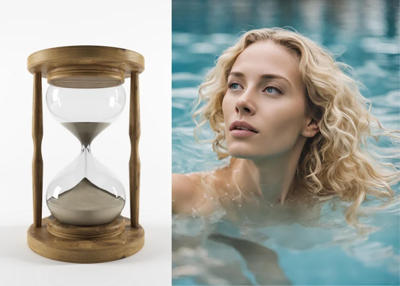 Sandy-hour clock on one siide and women with blonde hair in a swimming pool represnts H
how soon can I swim after coloring my hair?