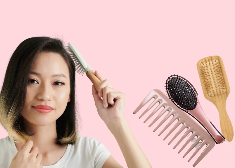 Woman brushing hr short hair, wide-toothed comb, paddle brush, ooden brush, pink background