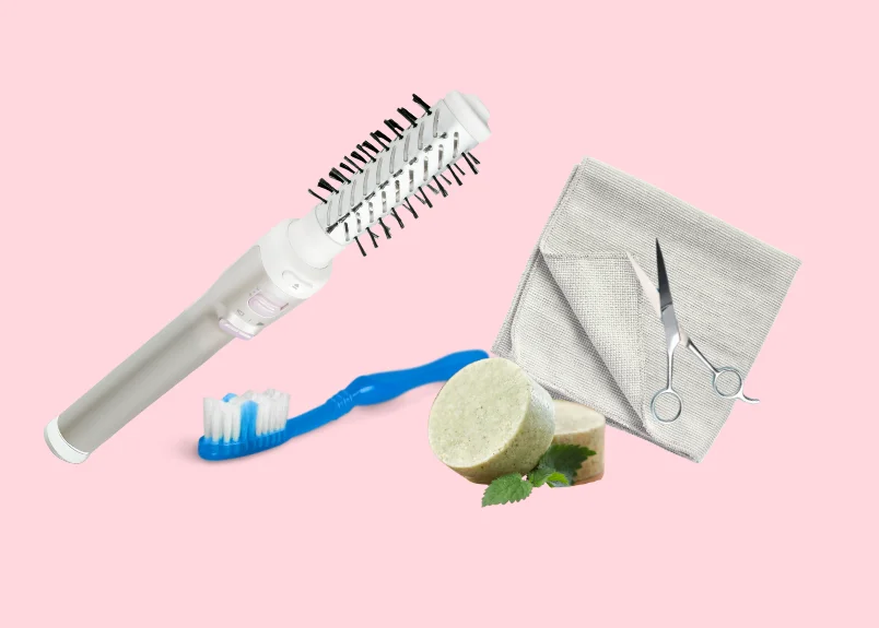 Blow dryer brush, microfibre cloth, toothbrush, natural soap, nail scissors