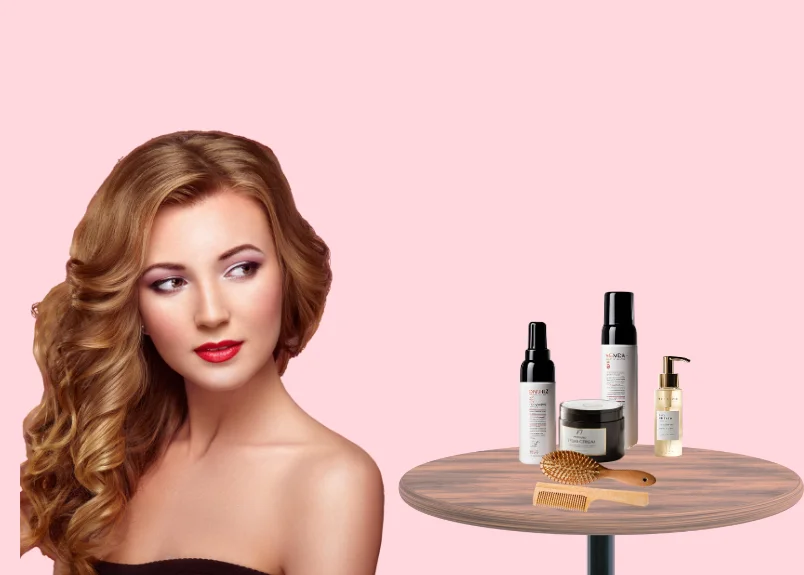 woman with wavy hair, comb, hair brush, hair serum, styling cream and foams and table top.