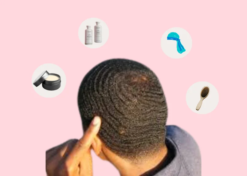 man with 360 waves, durags, shampoo, conditioner, pomade, hair brush 