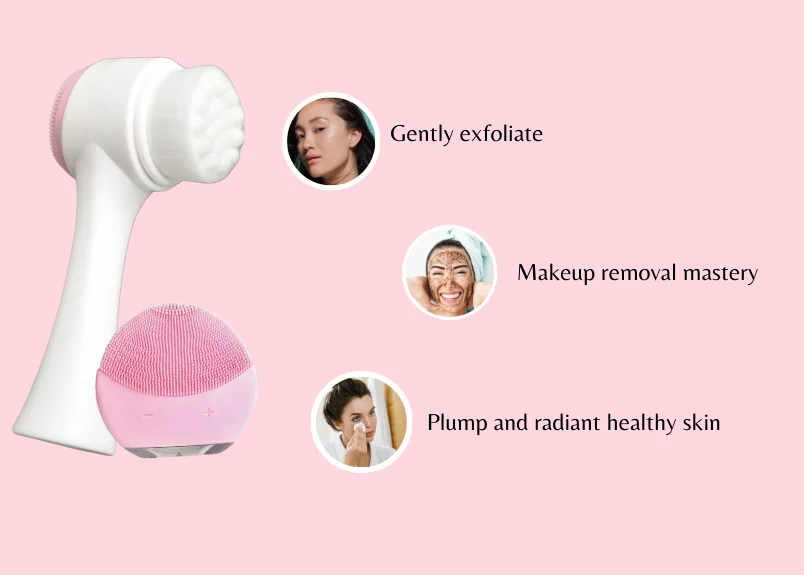 Cleansing brushes, woman removing makeup, oman ith clean skin and exfoliating face and text