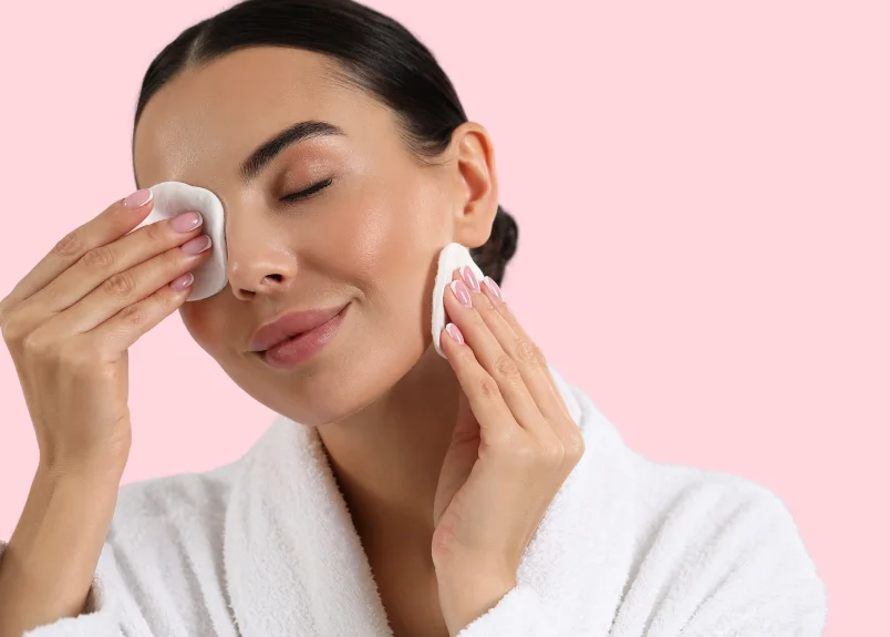 Woman wiping face with  cleansing pads