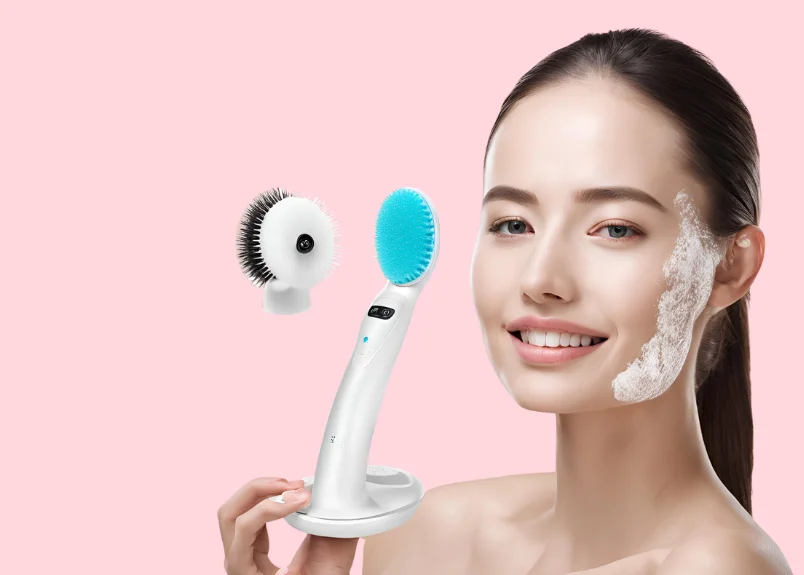 Woman holding electric face cleanser