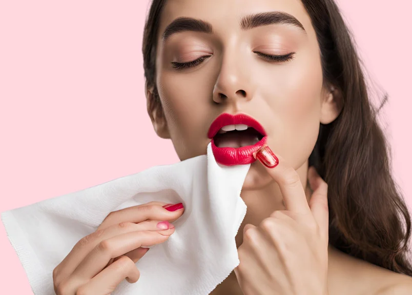 Woman bloting off the extra lipstick