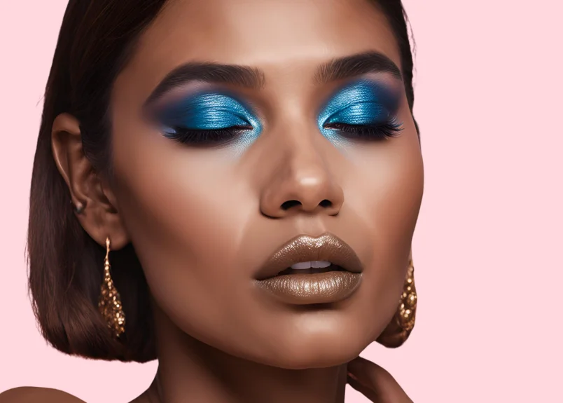 Woman with bronze lipstick and blue eyeshadow