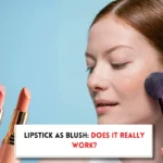 Woman, makeup brush, two lipstick and text "Can you use lipstick as blush?"