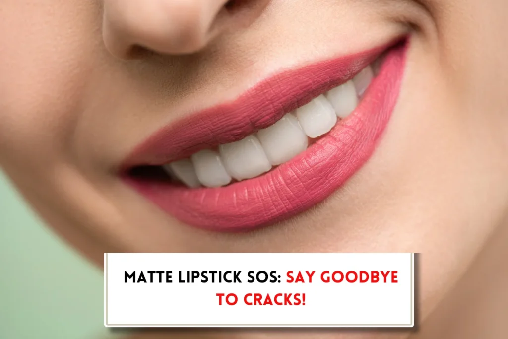 Beautiful smile of woman with pink lipstick and text in text box, "How to keep matte lipstick from cracking?"