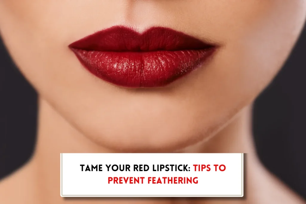 Luscious red lips, text "How to keep red lipstick from bleeding?"