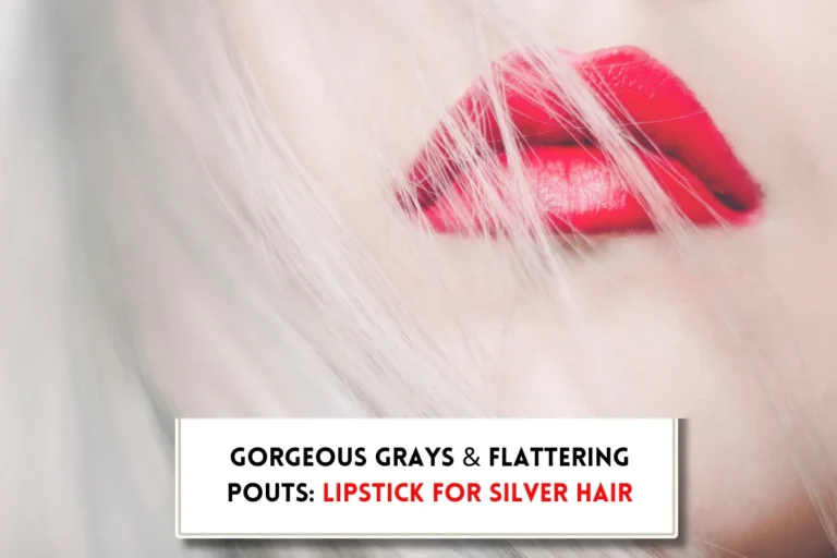 Close-up Photography of Woman Wearing Red Lipstick and text, "What color lipstick goes best with gray hair?"