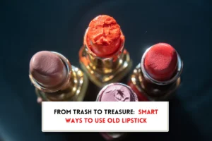 Four old used lipstick and text, "What to do with old lipstick?"