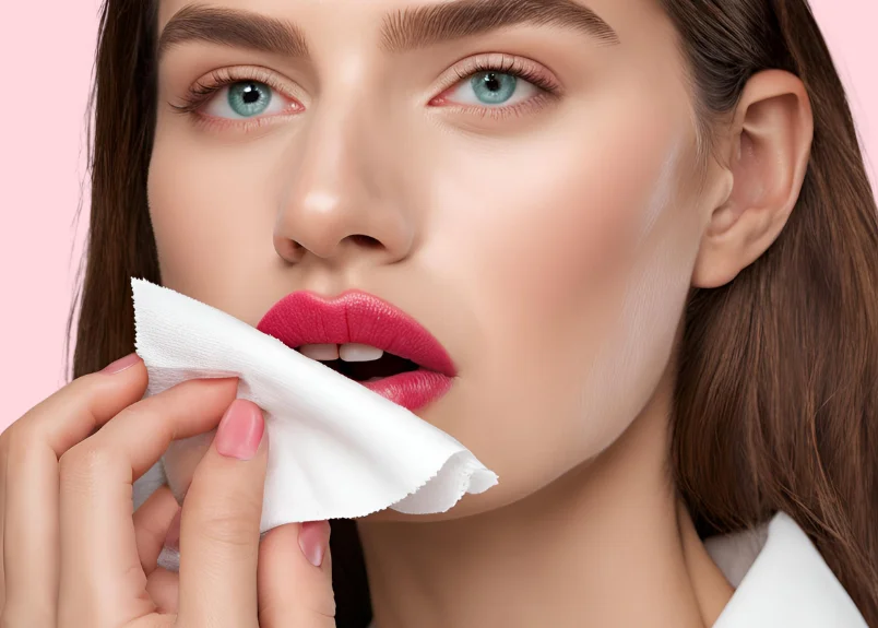 Woman blotting lips with napkin