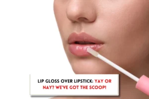 Woman applying lip gloss brush, and text Can you put lip gloss over lipstick?