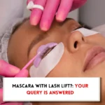 Woman undergoing lash lifting process and text indicating, Can you wear mascara with a lash lift?