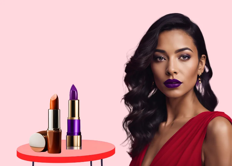 burnt orange lipstick, purple liptick, red table, beautiful woman in red dress and purple lipstick. 