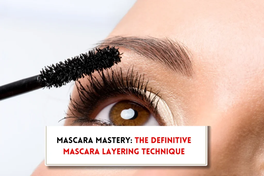 Eye of beautiful woman, mascara wand and text indicating ,how to layer mascara?