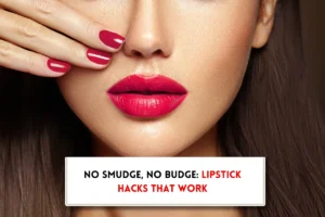 Beautiful woman in rd lips and nails and text, "How to make lipstick transfer-proof?"