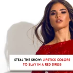 Beautiful woman in red dress and text in text in text box, "What color lipstick to wear with a red dress?"