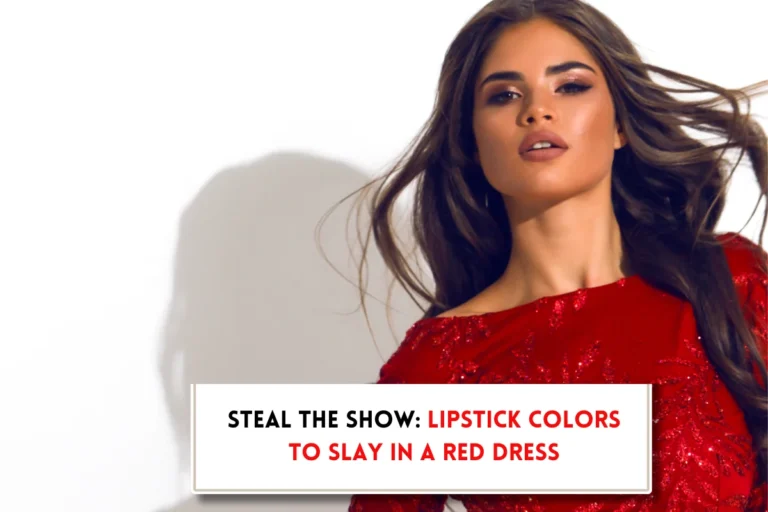 Beautiful woman in red dress and text in text in text box, "What color lipstick to wear with a red dress?"