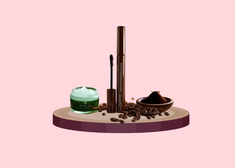 Aloe Vera Gel, Coffee beans and grind, Mascara bottle, wand and wooden tray