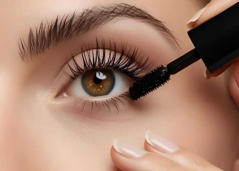 Woman applying mascara on bottom eye lashes