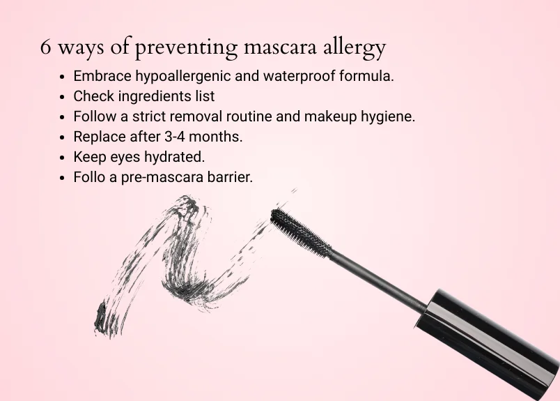 Mascara wand and text telling ways of preventing mascara allergy