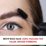 Beautiful woman applying mascara on eyebrows an text indicating "Can you use mascara on eyebrows?"