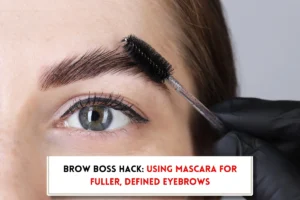 Beautiful woman applying mascara on eyebrows an text indicating "Can you use mascara on eyebrows?"