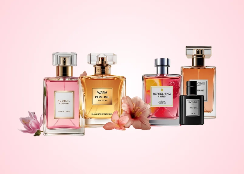 Different scent of perfume bottles- Floral fruity, warm