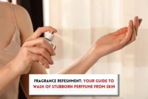 Perfume application on hand and text indicating "How to remove perfume from skin"