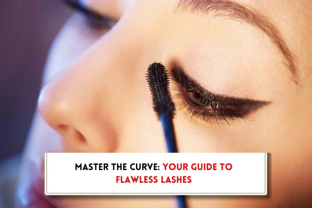 Beautiful lady using a curved mascara wand and text indicating, how to use a curved mascara wand