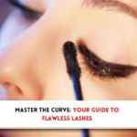 Beautiful lady using a curved mascara wand and text indicating, how to use a curved mascara wand