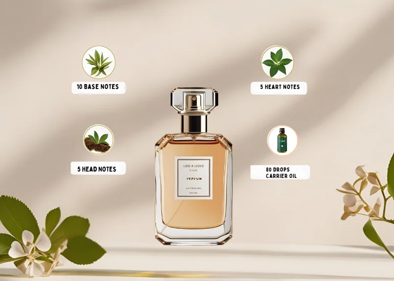 Perfume making formula with ingredients images and measurements and a perfume bottle