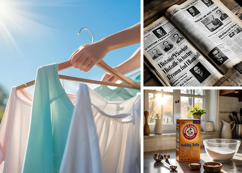 Sun drying of clothes, newspaper and baking soda with spoon on a table