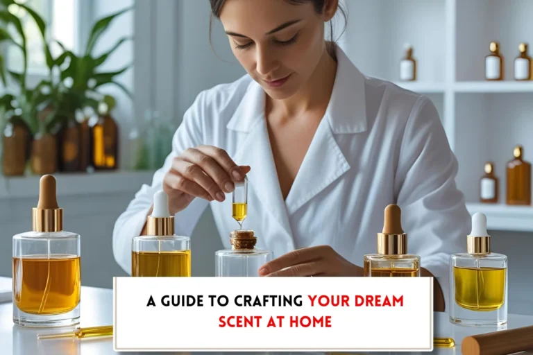 woman making perfume with essential oil showing how to become a perfumer at home?