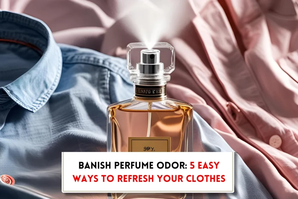 Perfume being sprayed from perfume bottle on clothes "How to get perfume smell out of clothes?"