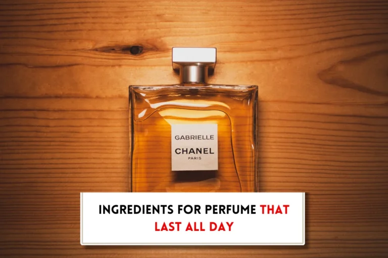 Long-lasting perfume bottle and text indicating, "What ingredient makes perfume last longer