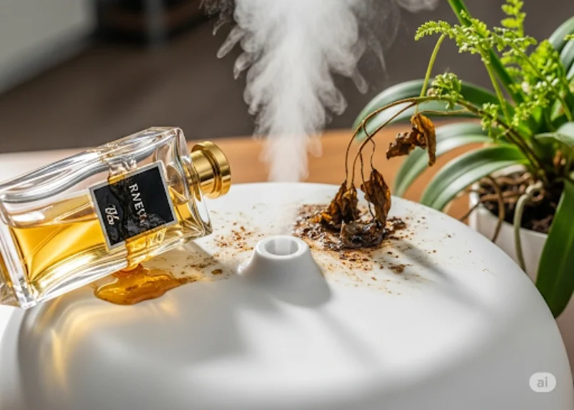 Damaged diffuser machine, opened perfume bottle, residue and plant.