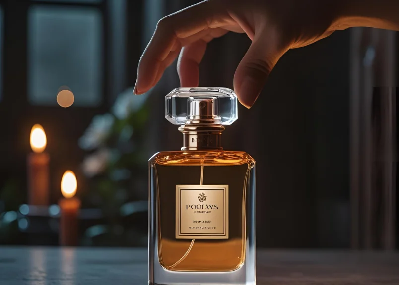 Perfume bottle, hand with a dim-lited background