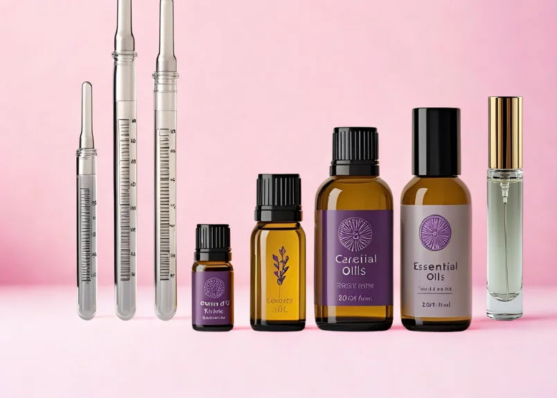 Pipettes, essential oils, carrier oil and empty rollerball perfume vial